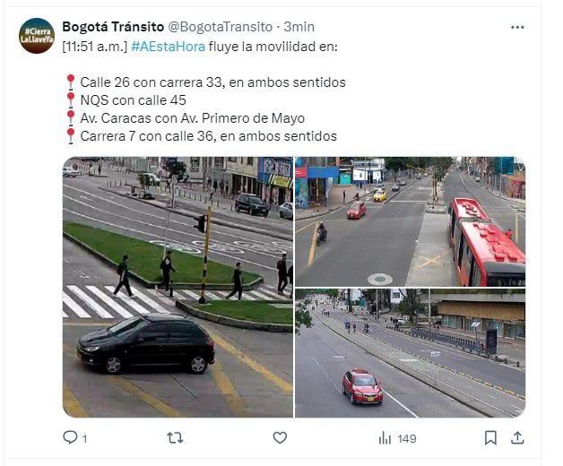 Algunos puntos permanecieron bloqueados por las marchas que se desarrollaron durante la mañana del miércoles 1 de mayo - crédito @BogotaTransito/X