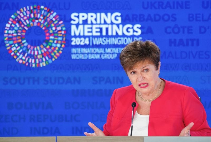 La directora gerente del Fondo Monetario Internacional, Kristalina Georgieva, en la apertura de la Asamblea Anual de Primavera en la que se anunciaron nuevas proyecciones de la economía mundial (Reuters)