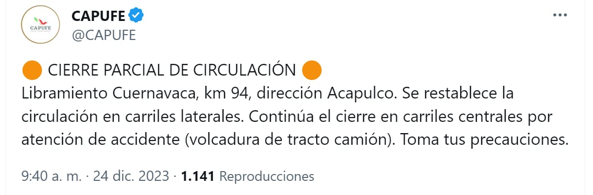 Capufe actualiza sobre la circulación sobre la autopista México Cuernavaca dirección a Acapulco (Captura de Pantalla)
