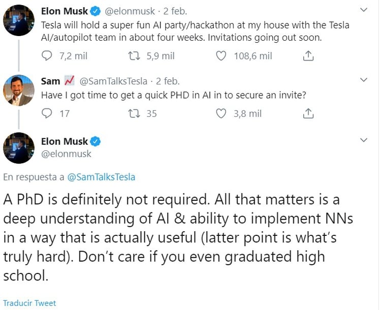 Estas fueron las respuestas con las que Musk dio a conocer que el grado académico no era un requisito para su convocatoria. (Foto: Captura de pantalla)