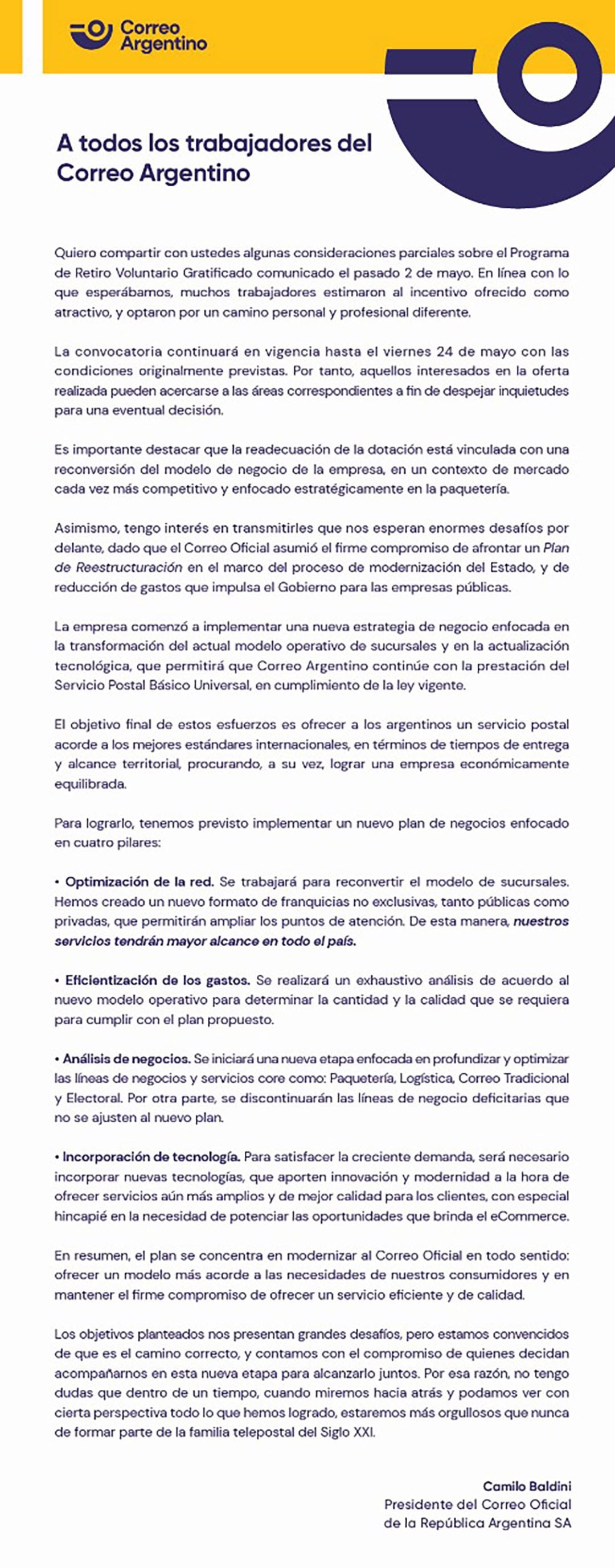 La carta del presidente de Correo Argentino