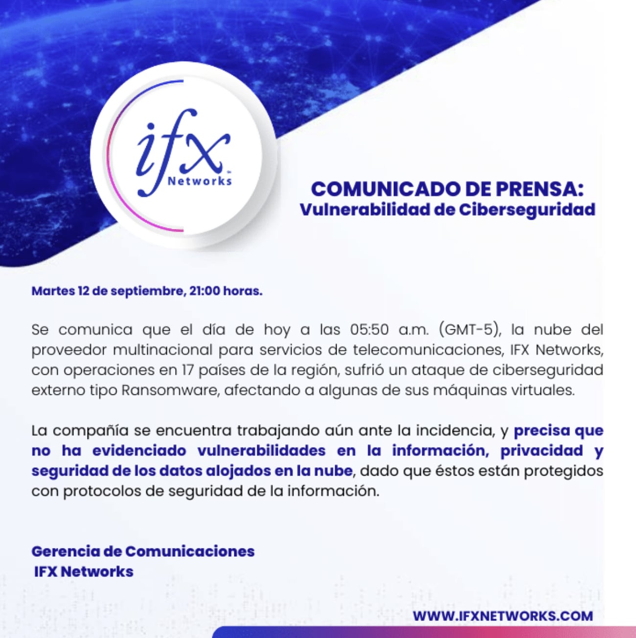 IFX Networks confirma ataque Ransomware a sus sistemas en Colombia - crédito IFX Networks