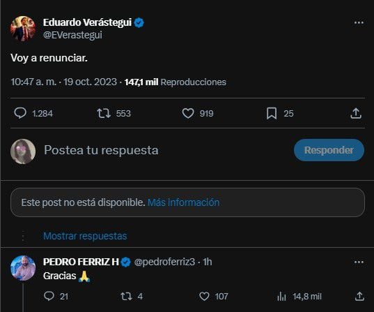 Eduardo Verastegui publicó un tuit sobre una posible renuncia. | Captura de pantalla