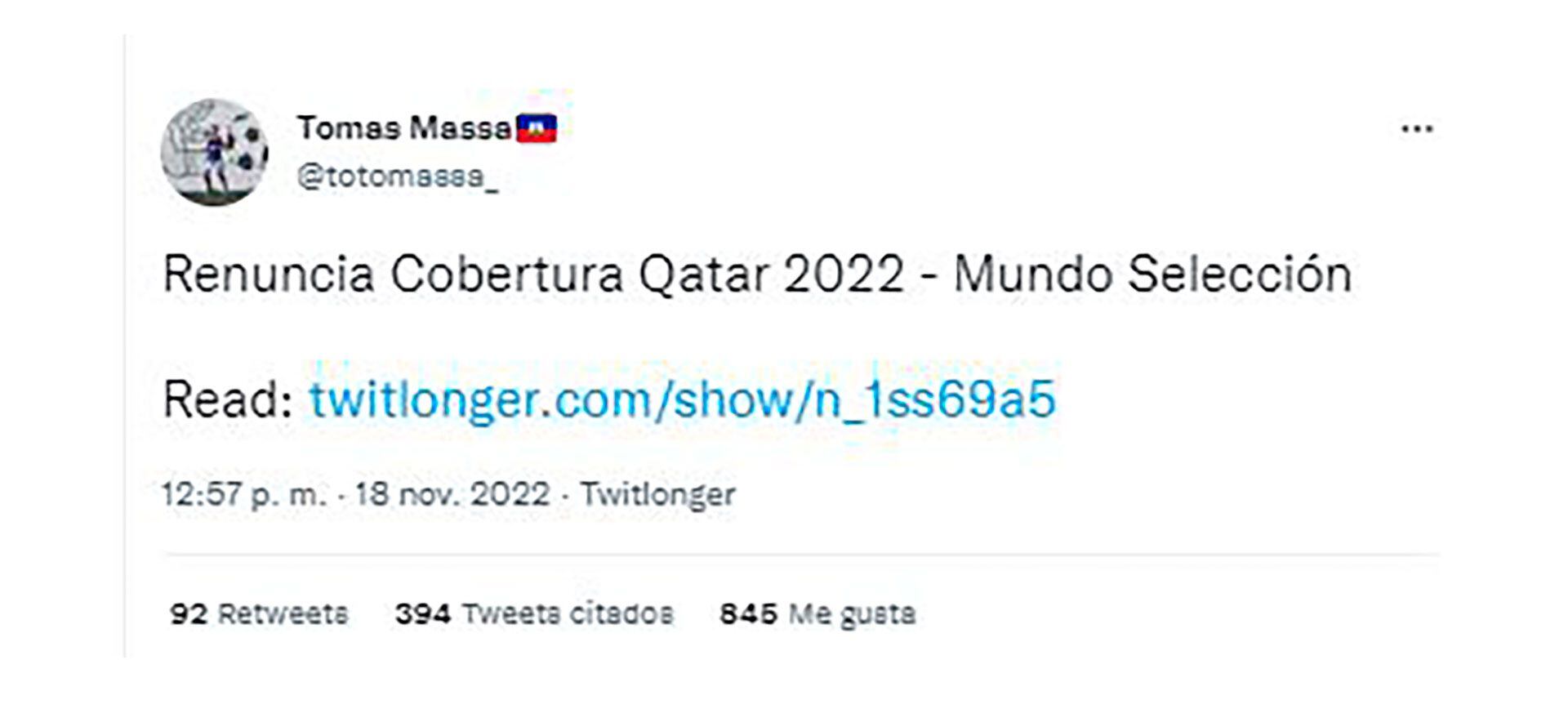 Renuncia hijo de Massa tomas mundial qatar