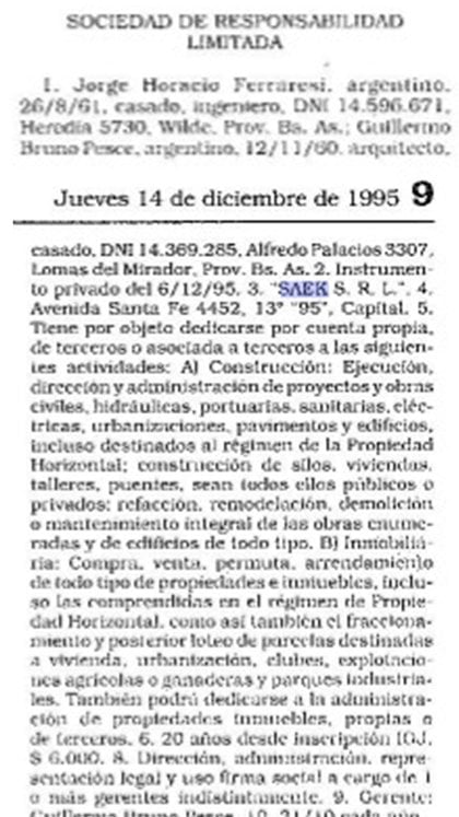 El Boletín Oficial de diciembre de 1995 en que apareció publicada la constitución de SAEK SRL, y aparece Ferraresi como socio fundador.