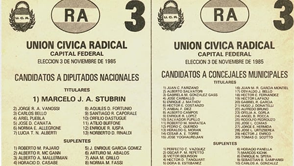 La boleta de la UCR en 1985 para la Capital Federal