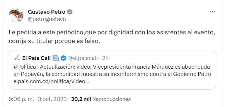 Petro expresó su descontento por la cobertura mediática del incidente en el que la vicepresidenta Francia Márquez fue abucheada en Popayán - crédito @petrogustavo/X