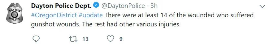 “Hubo al menos 14 lesionados que sufrieron heridas de bala. El resto tenían distintas heridas” (Foto: Twitter @DaytonPolice)