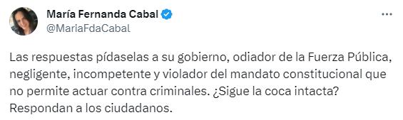 María Fernanda Cabal arremetió contra la vicepresidenta Francia Márquez tras su críticas a la fuerza pública- crédito @MariaFdaCabal/ X