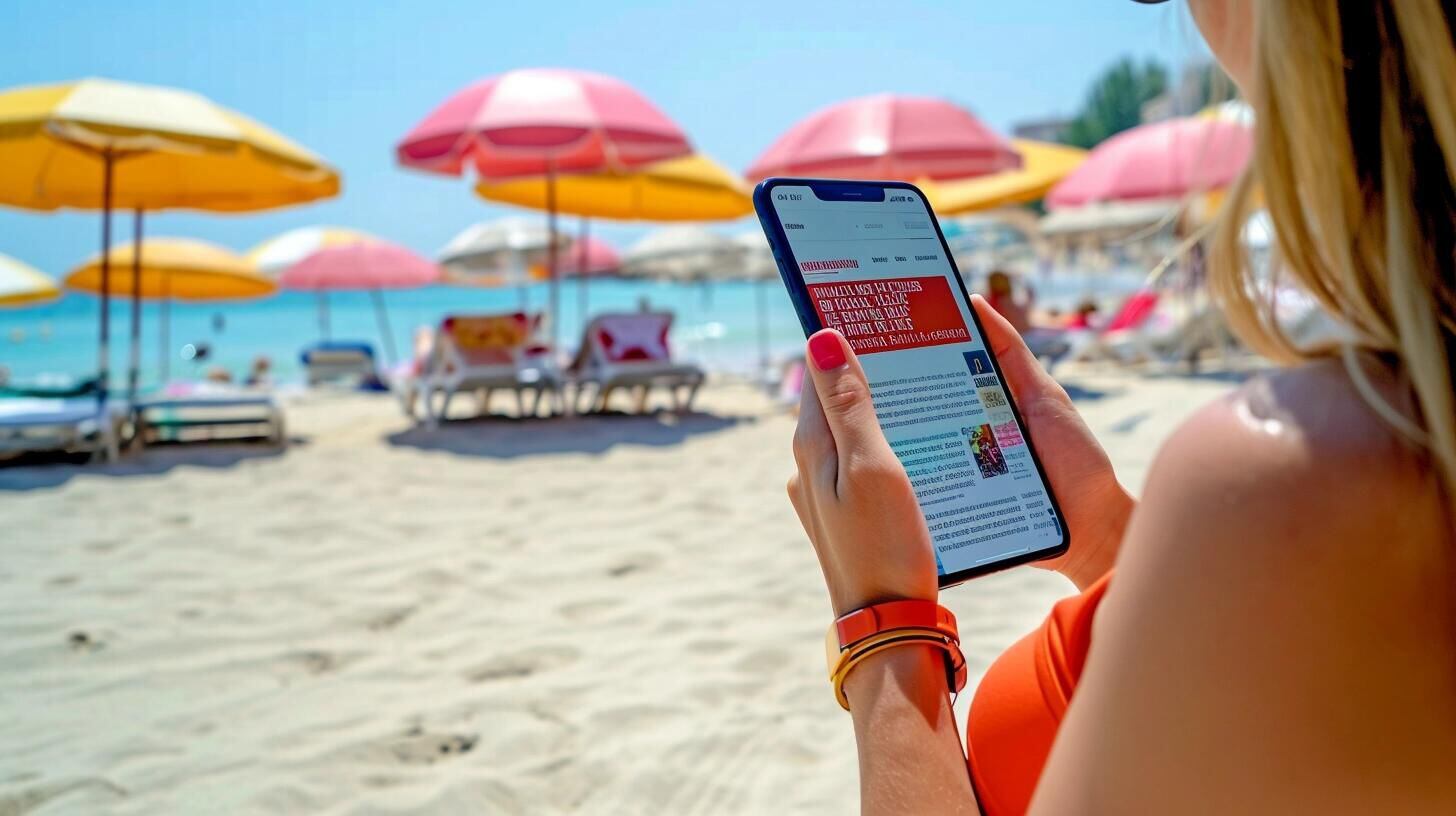 Joven en la playa leyendo su celular, combinando el descanso vacacional con la conexión al mundo a través de la información y actualidad en línea, mostrando cómo la tecnología nos permite estar informados en cualquier lugar. (Imagen ilustrativa Infobae)