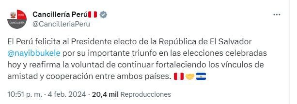 Gobierno de Perú felicita a Nayib Bukele, pese a que aún no hay resultados oficiales de elecciones en El Salvador.