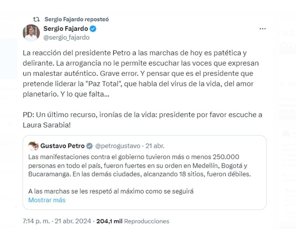 Sergio Fajardo respondió al presidente Petro luego de que este no escuchara a los miles de ciudadanos que marcharon en contra de su gestión - crédito @sergio_fajardo/X