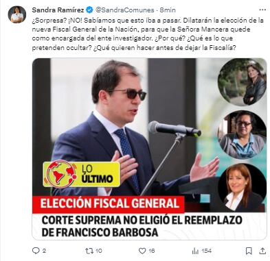 La congresista Sandra Ramírez aseguró que hay dilación en la elección de nueva fiscal general de la nación - crédito @Sandracomunes / X