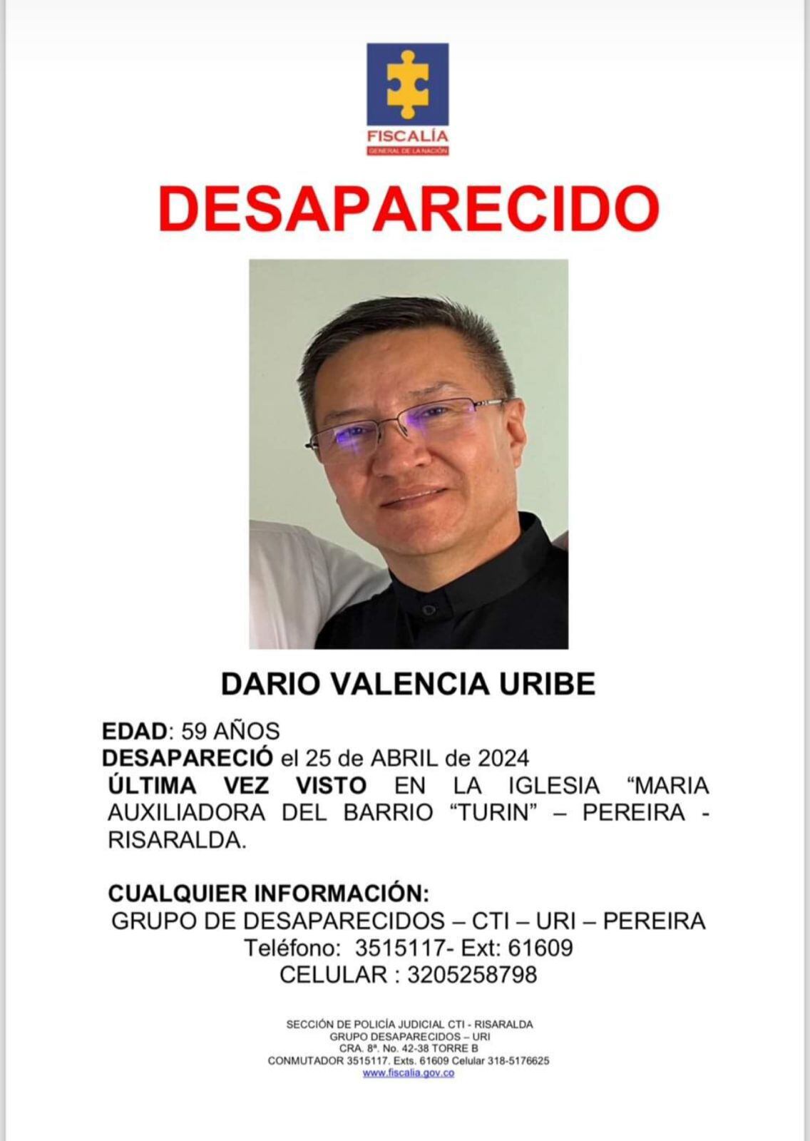 Párroco Dario Valencio Uribe, desaparecido en Pereira - crédito redes sociales