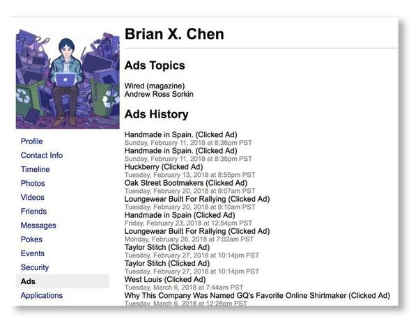 Un ejemplo de los datos que Brian Chen encontró que Facebook guardaba sobre él.