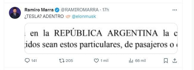 El tuit de Ramiro Marra
