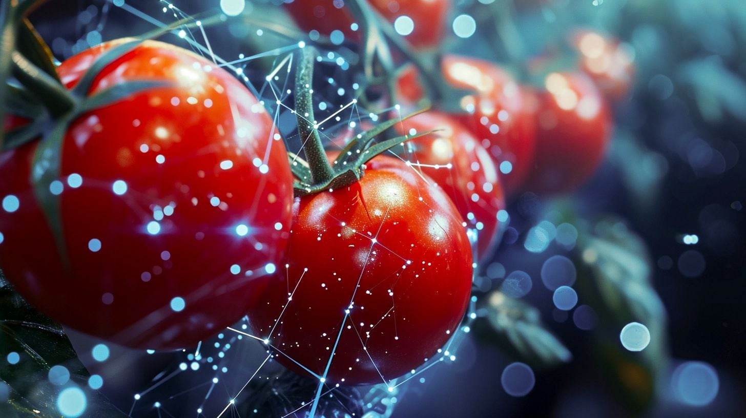Sistema de inteligencia artificial supervisando el crecimiento de tomates en un campo agrícola, ajustando automáticamente condiciones para asegurar una cosecha saludable y abundante. La integración de IA en la agricultura representa un avance significativo en la eficiencia del cultivo y la gestión de recursos. (Imagen ilustrativa Infobae)
