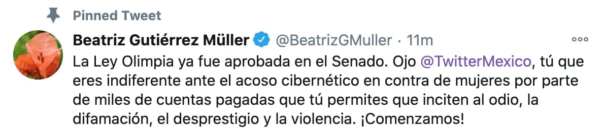 Beatriz Gutiérrez Müller arremetió contra Twitter debido a la aprobación de la Ley Olimpia (Captura de pantalla)