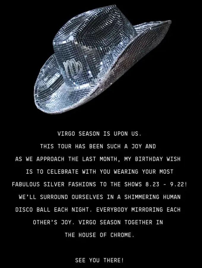 Beyoncé pidió a sus fanáticos que usaran ropa plateada en sus próximos conciertos para celebrar su cumpleaños