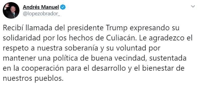 El tuit de López Obrador tras los hechos en Culiacán, Sinaloa  (Foto: Twitter/lopezobrador_)