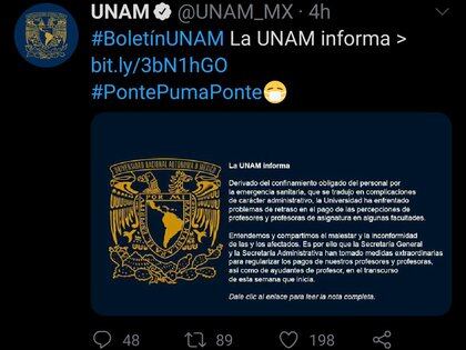 La institución indicó que la Secretaría General y la Secretaría de Administración han tomado las medidas necesarias para regular el pago al personal docente (Foto: Twitter/ @UNAM_MX)