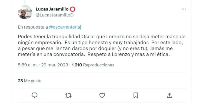 Lucas Jaramillo le mandó indirecta a Carlos Antonio Vélez