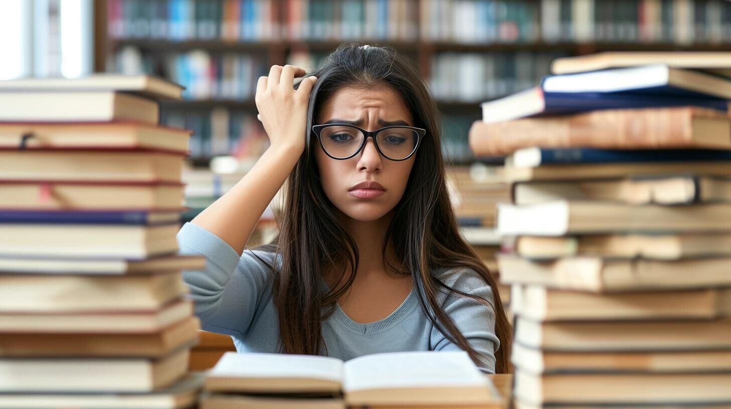 Estudiante femenina rodeada de altas pilas de libros, con una expresión de cansancio y estrés en su rostro. La fotografía ilustra el desafío y la presión de la educación, especialmente en períodos de exámenes, destacando el esfuerzo y la dedicación requeridos en el proceso de aprendizaje. (Imagen ilustrativa Infobae)