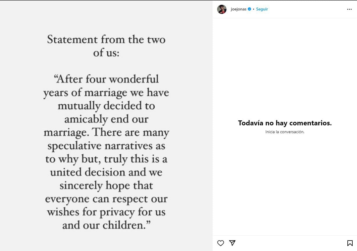 El comunicado en el que anunciaron el divorcio (Instagram/Joe Jonas)
