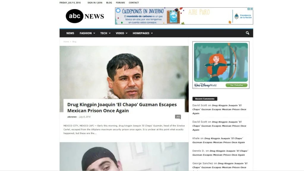 Una captura del portal de noticias falsas que simula ser la cadena ABC