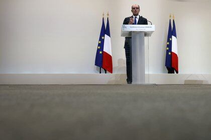 El primer ministro francés Jean Castex en la rueda de prensa este jueves en París (Thomas Coex/Pool via REUTERS)