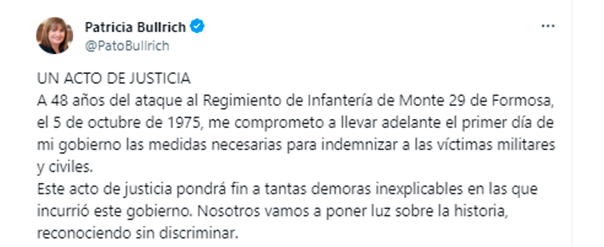 La publicacin de Patricia Bullrich en su cuenta oficial de X