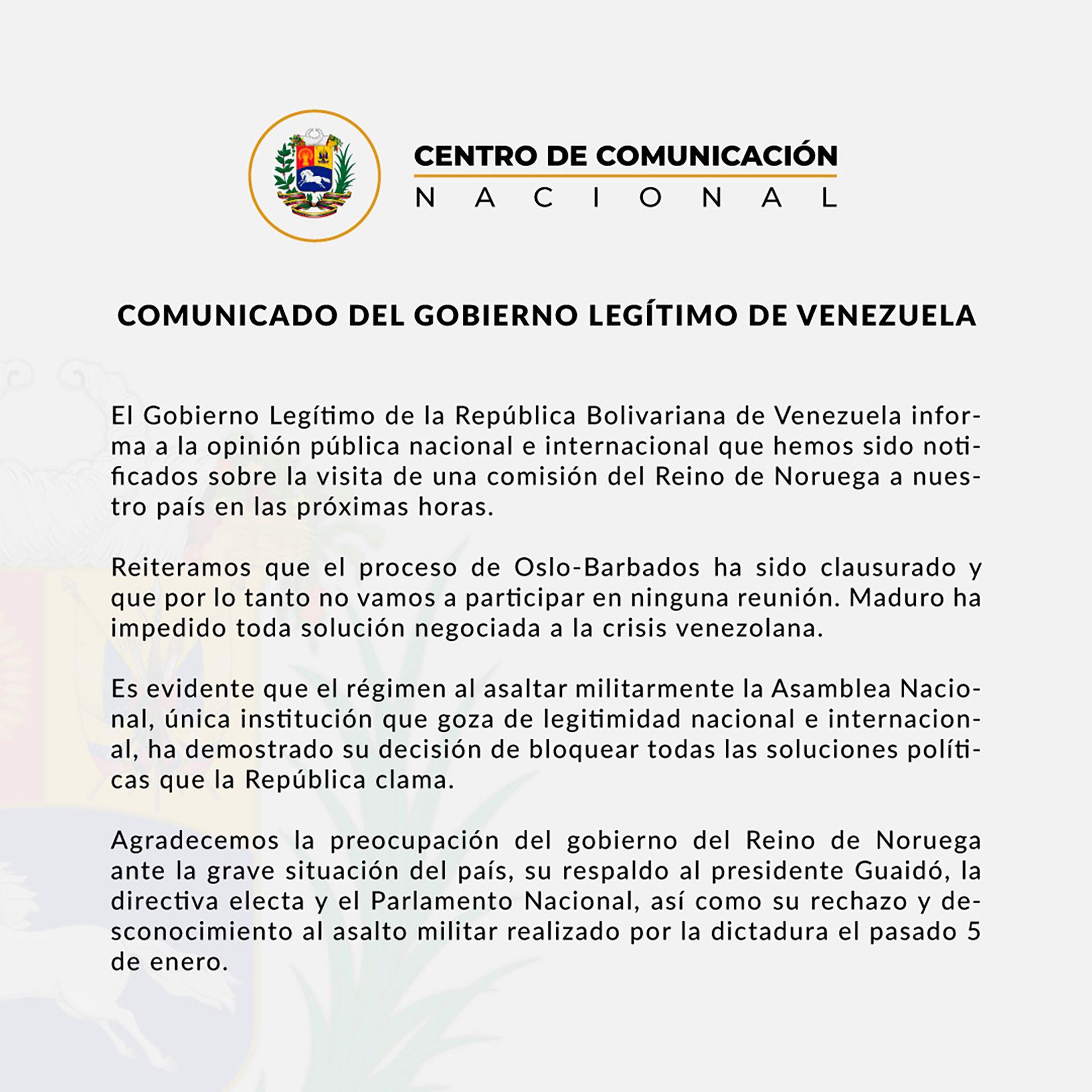 Comunicado del Gobierno encargado de Venezuela sobre la visita de los representantes de Noruega