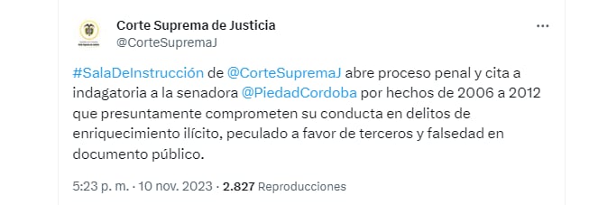 La Sala de Instrucción anunció, en X, la apertura del proceso penal contra la senadora Piedad Córdoba - crédito @CorteSupremaJ/X