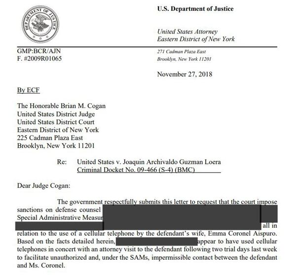 El escrito presentado por el fiscal Richard Donoghue en el que se afirma que el abogado de “El Chapo” Guzmán facilitó el contacto telefónico entre su defendido y Emma Coronel.