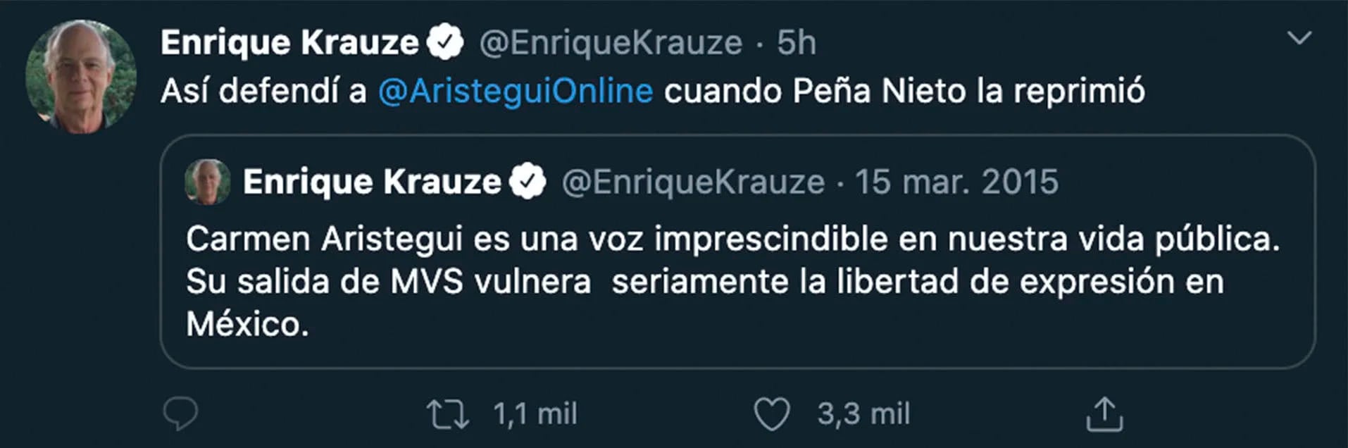 Karuze dejó en claro su defensa Aristegui cuando EPN la censuró por publicar el reportaje de La Casa Blanca (Foto: Twitter@EnriqueKrauze)