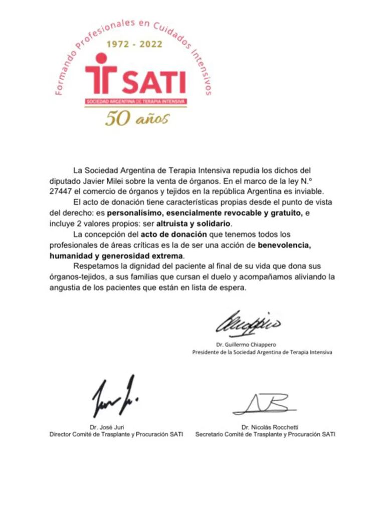  Comunicado de la Sociedad Argentina de Terapia Intensiva (SATI) en repudio al apoyo de Javier Milei a la venta de órganos en el país.