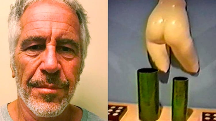 A la izquierda, Epstein al ser ingresado a prisión. A la derecha, una de las paredes de su mansión en Miami, que para sorpresa de los policías que ingresaron en 2005, estaban repletas de obras de arte de desnudos