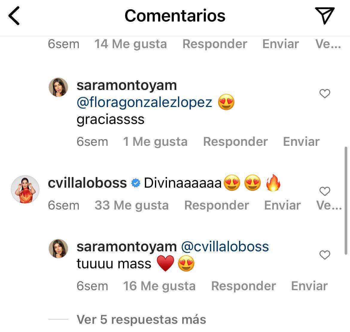 Comentario de Carmen Villalobos a Sara Montoya. Instagram: @saramontoyam
