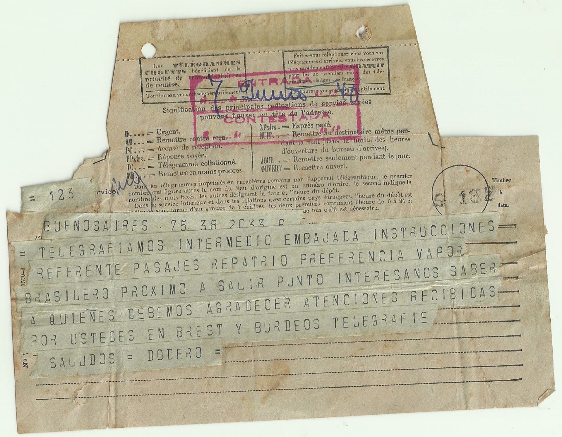 El telegrama que envió Eduardo Dodero para que a través de la Embajada Argentina los marinos pudieran ser repatriados desde Francia (Gentileza Marcela y Tomás Borgo)