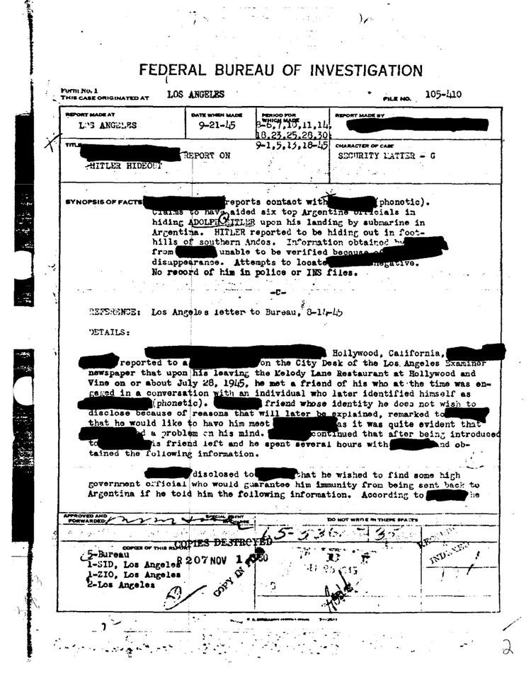 La primera página del informe del FBI, donde se investiga el posible arribo de Hitler a la Argentina en dos submarinos