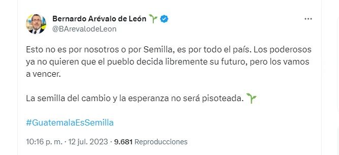 Pronunciamiento de Bernardo Arévalo en Twitter.