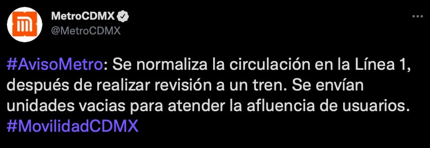 Se restablece el servicio en la Línea 1 del Metro de la capital del país (Foto: Twitter/@MetroCDMX)