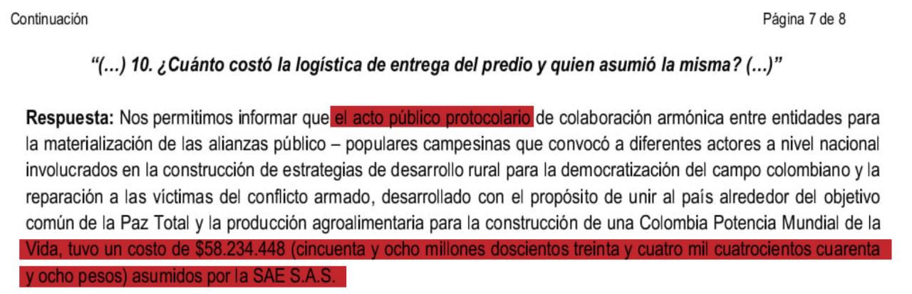 Respuesta del derecho de petición de la SAE al representante Hernán Cadavid sobre la hacienda Támesis
