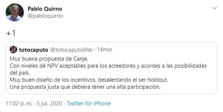 Tuit escrito posteado por el expresidente del Banco Central, Luis Toto Caputo, y retuiteado por el exdirector del BCRA, Pablo Quirno