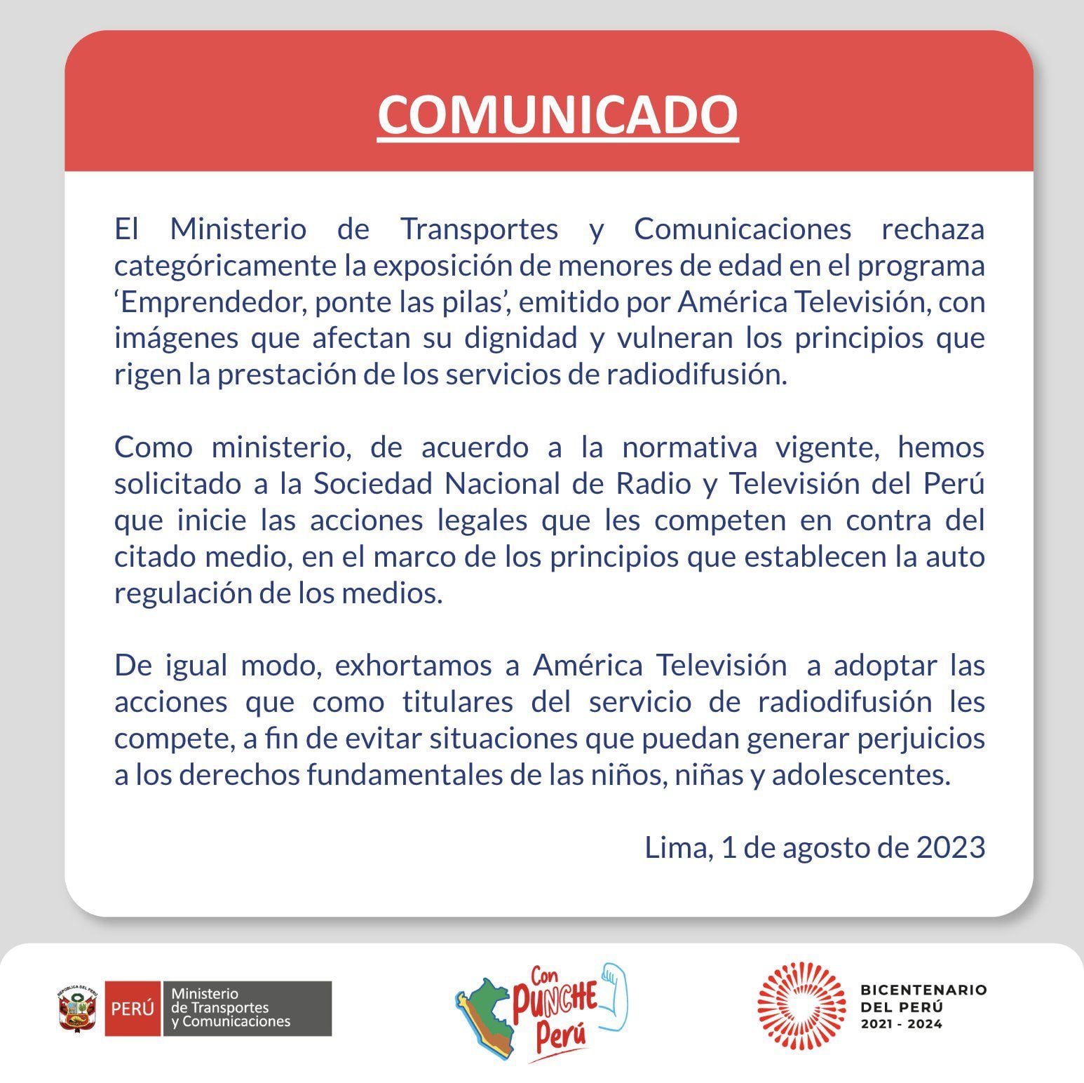 Comunicado del MTC