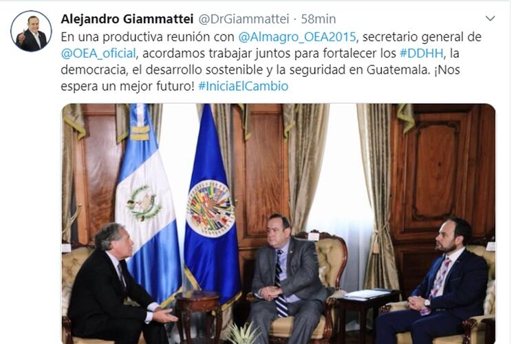 Giammattei publicó una foto de su reunión con Luis Almagro. Foto: @DrGiammattei