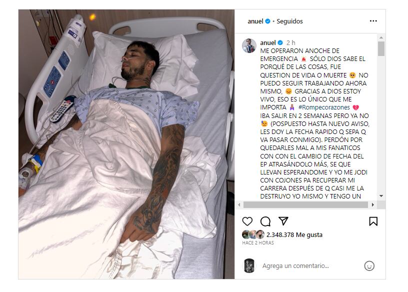El cantante nacido en Puerto Rico confirmó que estuvo en el hospital y que gracias al rápido actuar de los médicos sigue con vida - crédito anuel/Instagram