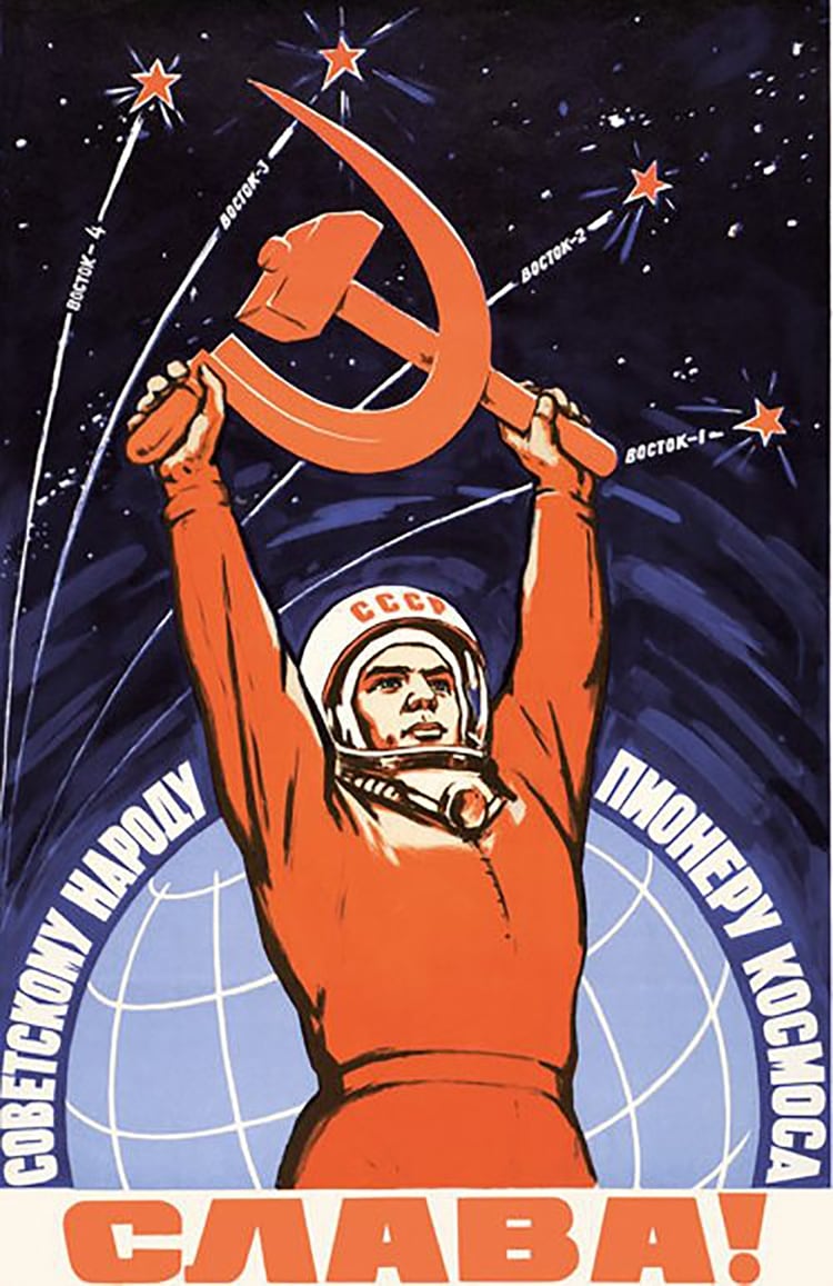 Yuri Gagarin en un afiche que demuestra la importancia simbólica y propagandística que la Unión Soviética le daba a la carrera espacial