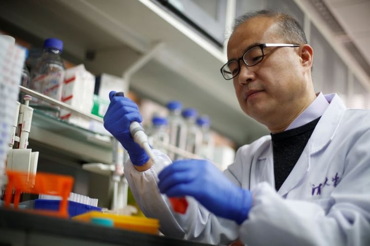 El científico Linqi Zhang trabaja en muestras en su laboratorio para detectar anticuerpos que puedan ser utilizados en tratamientos de prevención contra el covid-19, en el Centro de Investigación de Salud Pública de la Universidad de Tsinghua en Pekín, China. Marzo, 2020. REUTERS/Thomas Peter