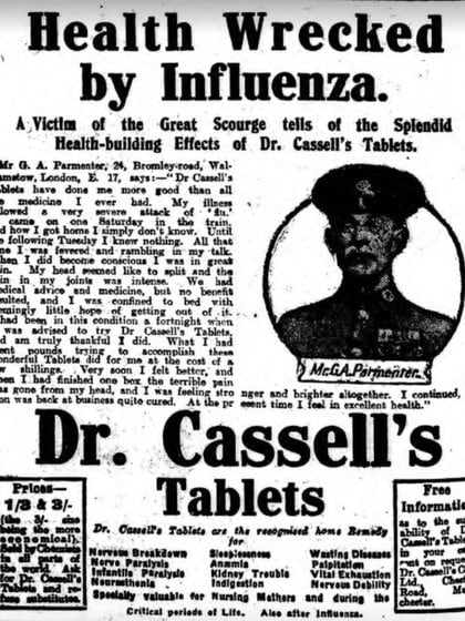 “La salud arruinada por la gripe: una víctima del gran flagelo explica los espléndidos efectos en el fortalecimiento de la salud de las tabletas del Dr. Cassell”. (Biblioteca del Congreso de los EEUU)